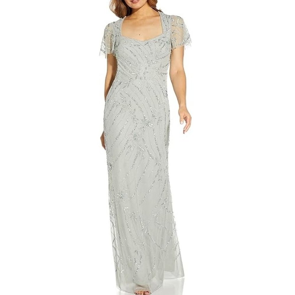 Adrianna Papell Women's Beaded Long Dress  Frosted Sage 14